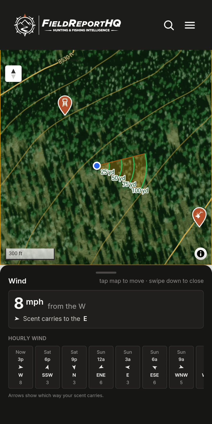 The wind and scent-analysis map on a phone
